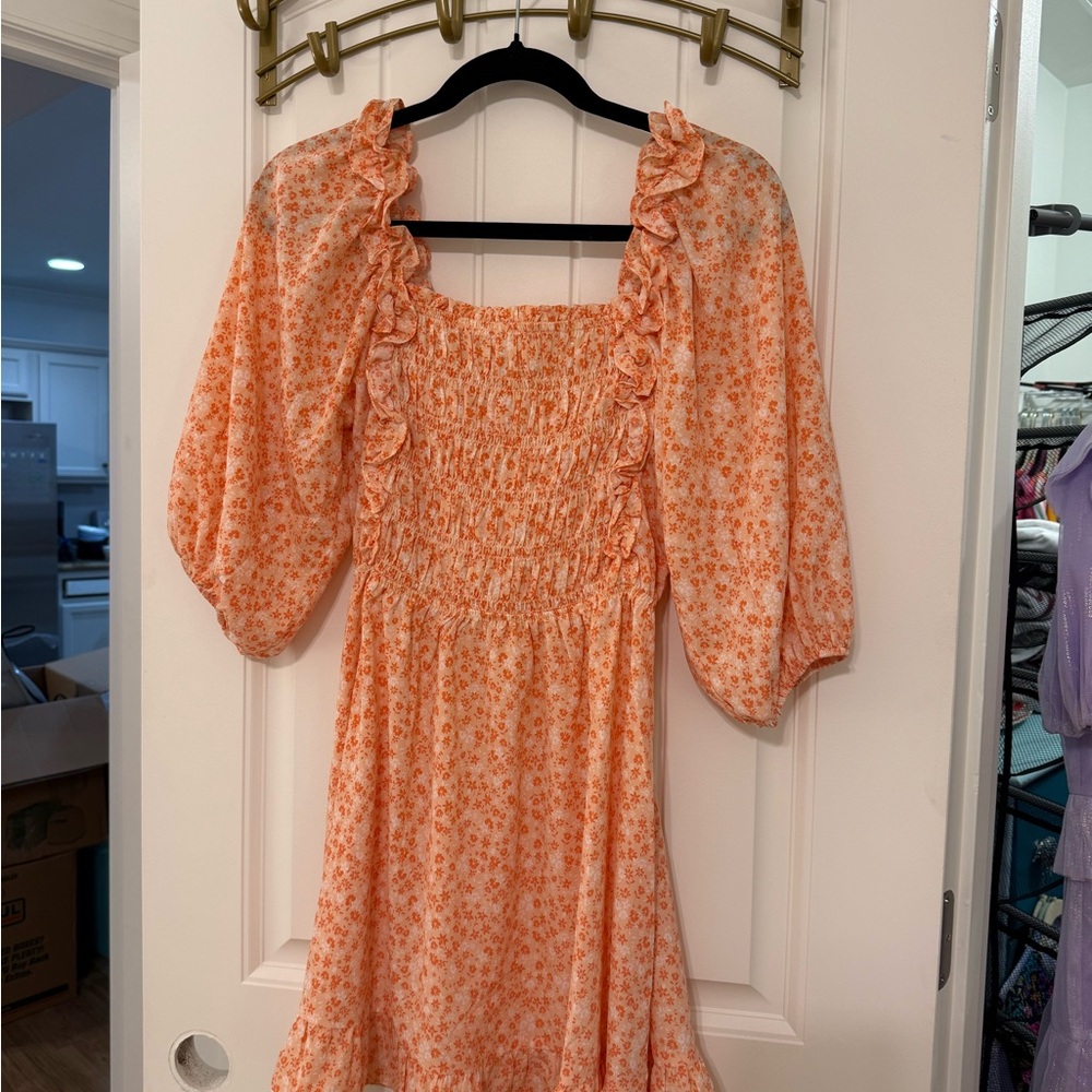 Floral Orange Dress with Ruffled Sleeves